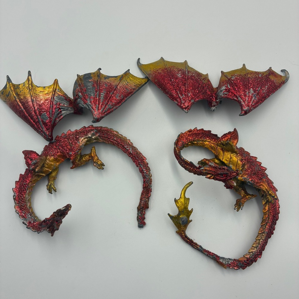 Vintage Style Pewter Red Gold Glitter Dragon Figurines Set of 2 Fantasy Decor
